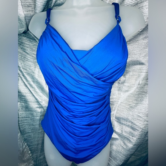 Jantzen Blue Classic Surplice Draped V-Neck One Piece Tummy Control Swimsuit ~14 - Picture 11 of 12